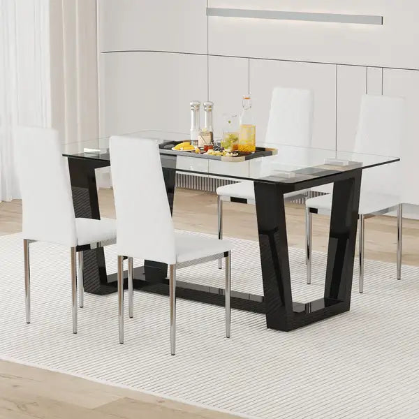 Black Dining Table and Chair Set - Tempered Glass Top, Checkered PU Chairs - Minihomy