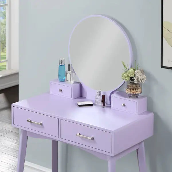 Purple Wood Vanity Set with Stool - Modern Bathroom Makeup Table