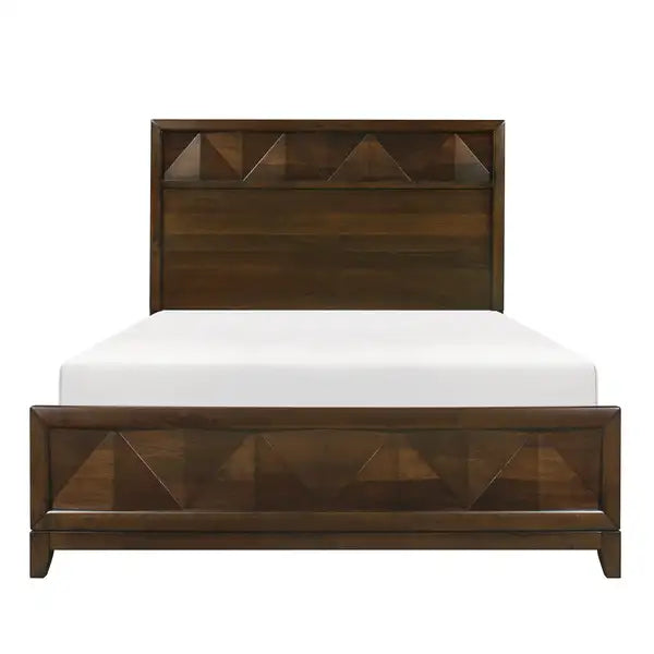 Walnut Queen Bed with Decorative Headboard - Modern Wooden Bedroom Furniture