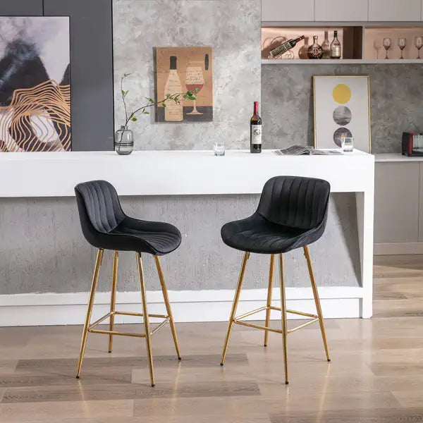 26 Inch Velvet Bar Stools (Set of 2), Chrome Footrest, Golden Legs, Black - Minihomy