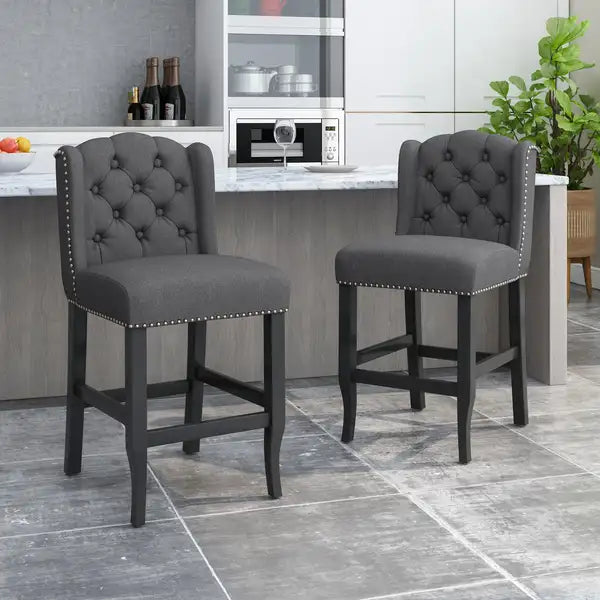 Vienna Contemporary Fabric Tufted Wingback Counter Stools (Set of 2) - Charcoal & Dark Brown