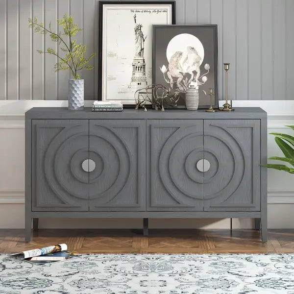 Retro Sideboard Door with Circular Groove Design & Round Metal Handle (Gray) - Entryway, Dining & Living Room Furniture