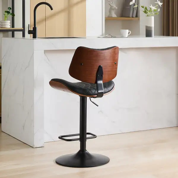 Black Leather Swivel Bar Stools, Mid Century Modern Adjustable Counter Height for Kitchen & Dining Room - 1 Chair - Minihomy