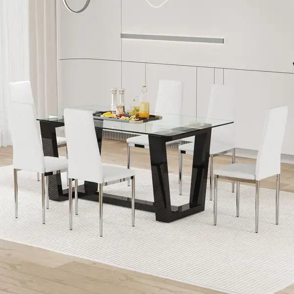 Rectangular Dining Table and 6 Chair Set - Tempered Glass Top, Black MDF Stand, PU Chairs