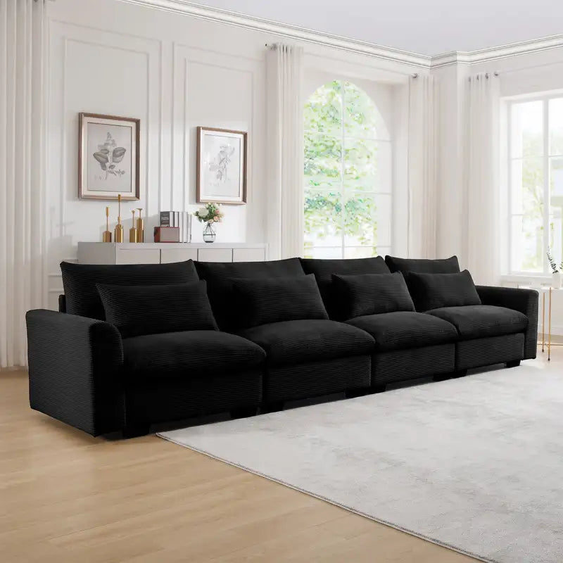 Black Corduroy 4-Seater Sofa - Deep Seating & Modern Style