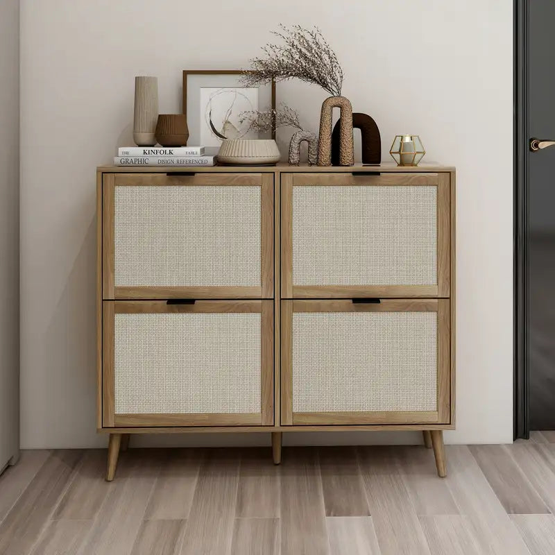 Modern Rattan Shoe Cabinet: 4-Door Freestanding Entryway Storage