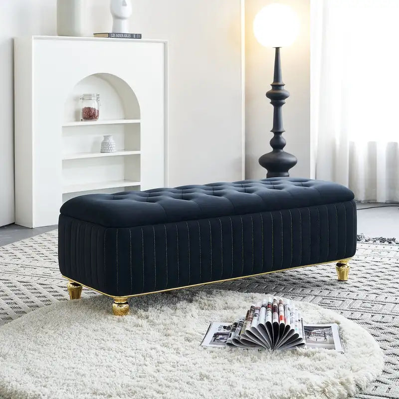 Velvet Storage Ottoman with Gold Detail - 47" Wide