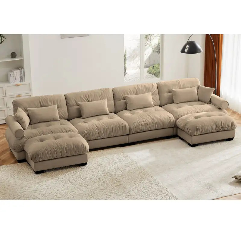 Camel Velvet U-Shaped Sectional Sofa with Ottomans & Pillows