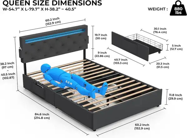 Queen Bed Frame with USB Charging, LED Lights & Storage Drawers