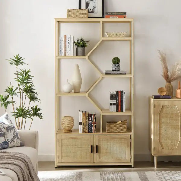 7-Tier Rattan Bookcase with Cabinet - 39.4" Wide Book Shelf for Home Office & Living Room