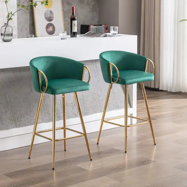 Set of 2 Green Velvet Bar Stools with Chrome Footrest and Gold Legs - 30 Inch