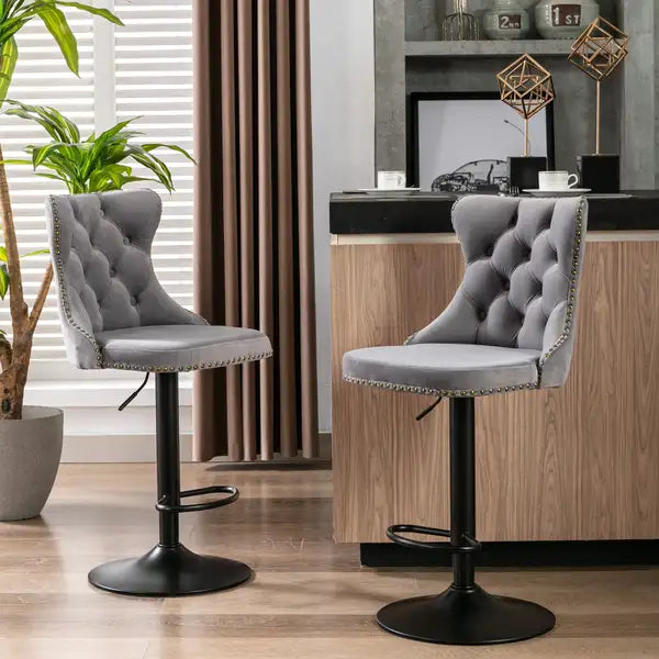 Gray Velvet Swivel Bar Stools with Backs - Adjustable Height (25-33 Inch), Set of 2 - Minihomy