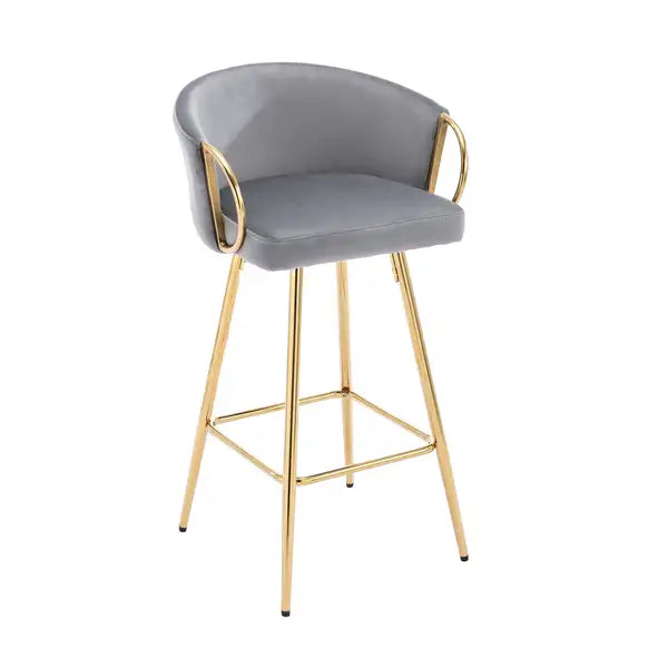 26 Inch Velvet Bar Stools Set of 2, Chrome Footrest, Gold Legs, Gray - Minihomy