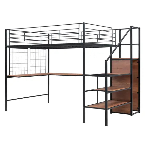 Full Size Metal Loft Bed with Desk, Storage Ladder & Wardrobe - Black - Minihomy