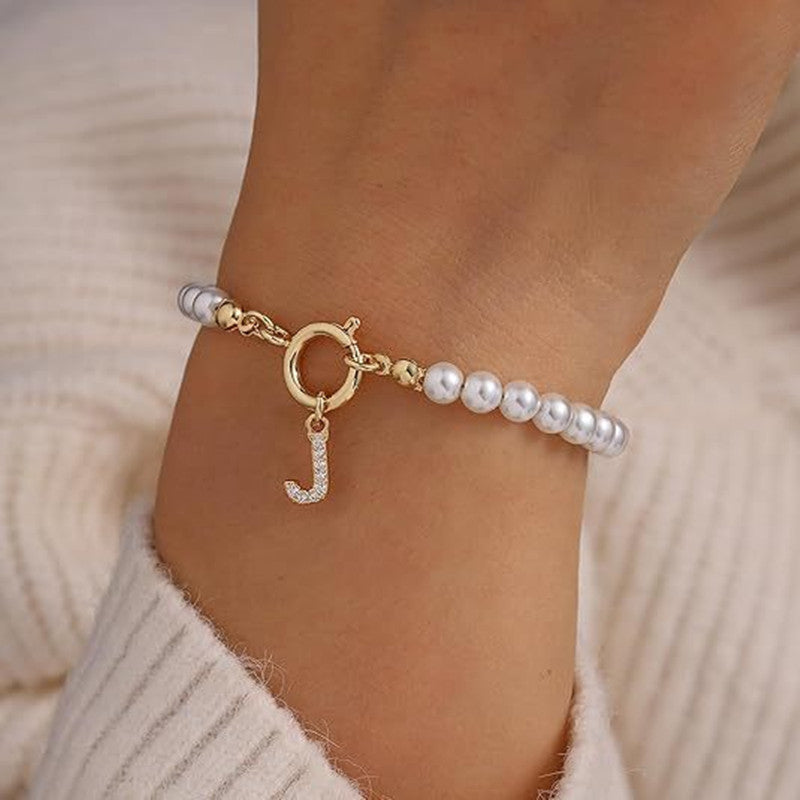 Personalized Initial Bracelet with Pearl Charm - A-Z Letter Toggle Clasp Jewelry Gift for Women