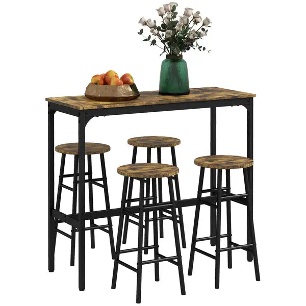 Industrial Bar Table Set with 4 Stools - Rustic Brown Kitchen Pub Dining