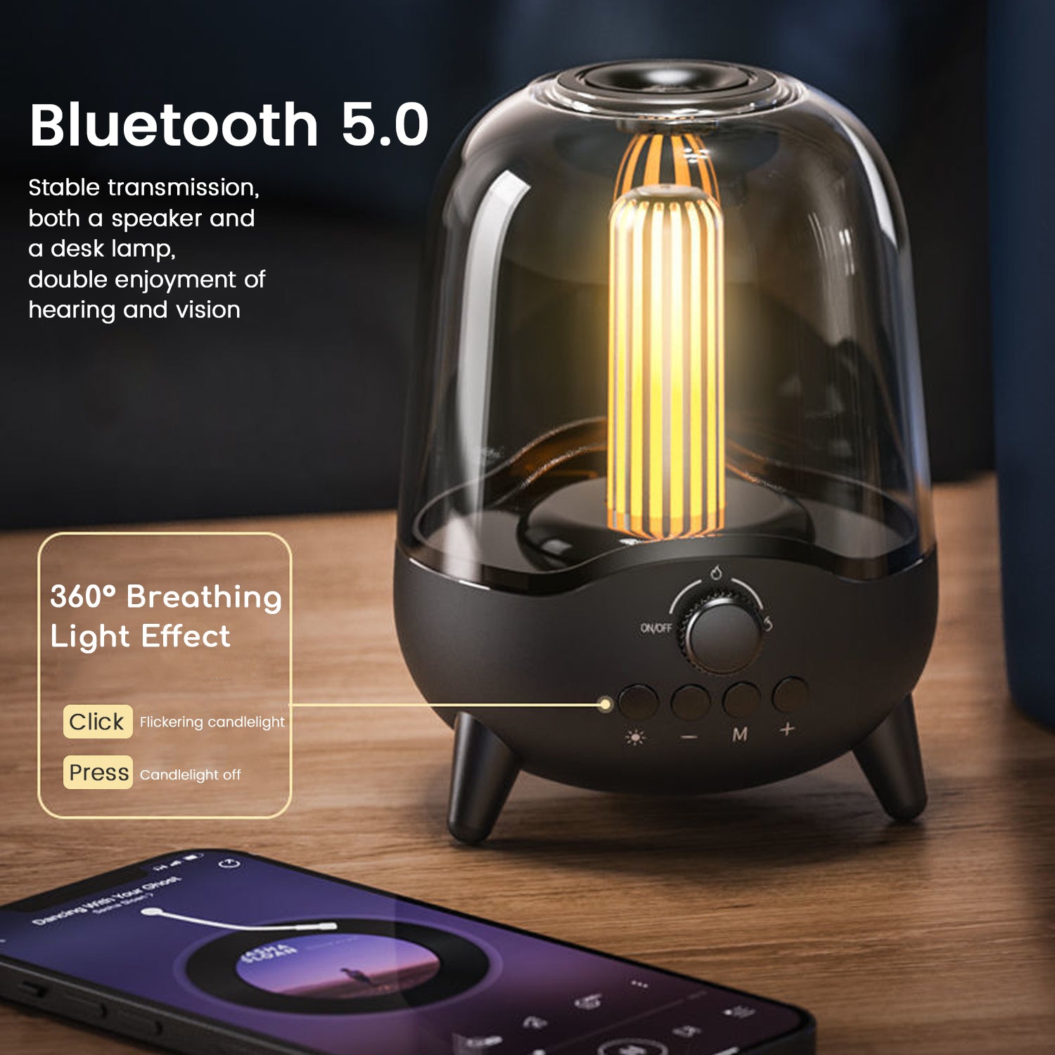 Portable Wireless Bluetooth 5.0 Speaker with Flickering Ambient Light
