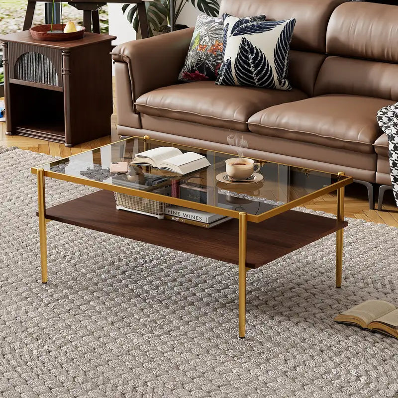 Modern Gray Glass Coffee Table with Gold Legs - Rectangle Living Room Table