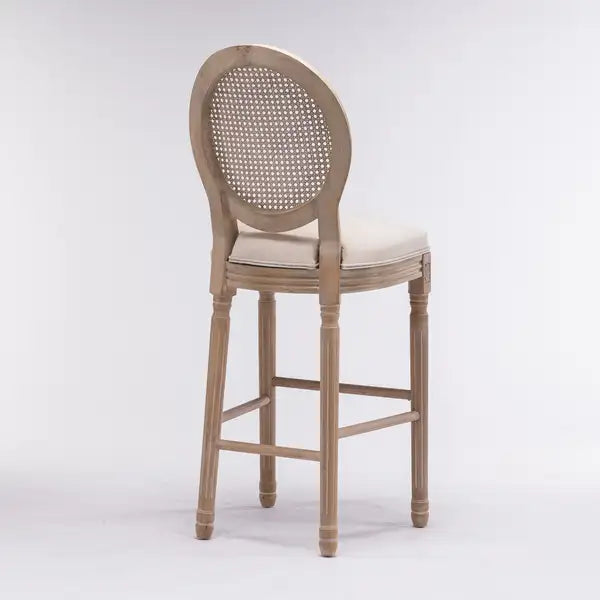 French Country Barstools Set of 2 - Rattan Back, Upholstered Beige Seat, Natural Wood - Minihomy