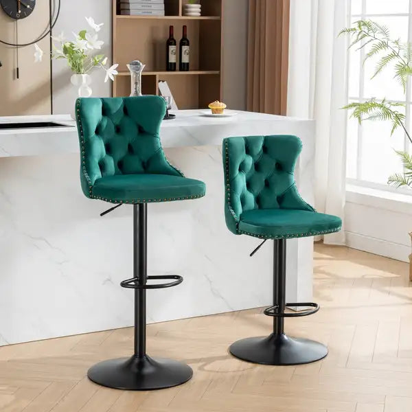 Green Velvet Bar Stools with Backs - Adjustable Height, Tufted, Set of 2 for Kitchen Island & Pub - SW1812GN - Minihomy