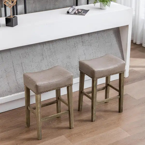 A&A Furniture Gray Faux Leather Counter Height Bar Stools (Set of 2) - 26" Backless, Farmhouse Style - Minihomy