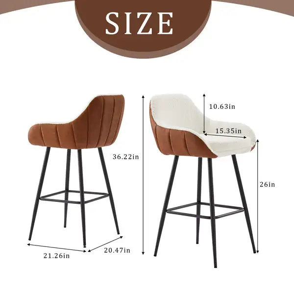 26" Mid-Century Leather Bar Stools Set of 2 - Counter Height Accent Chairs for Kitchen & Dining Room - Minihomy