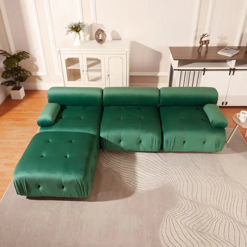 Green Velvet Modular Sectional Sofa - L-Shaped Couch with Ottoman