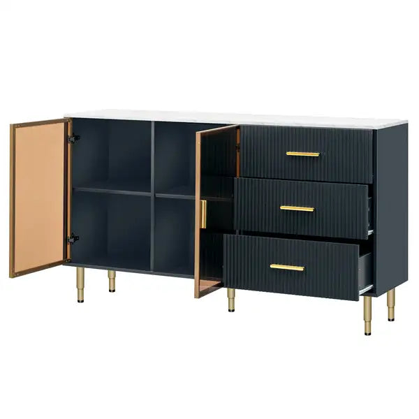 Modern Sideboard Buffet Cabinet with Marble Top & Amber Glass Doors (Navy Blue) - Gold Legs & Handles - Minihomy