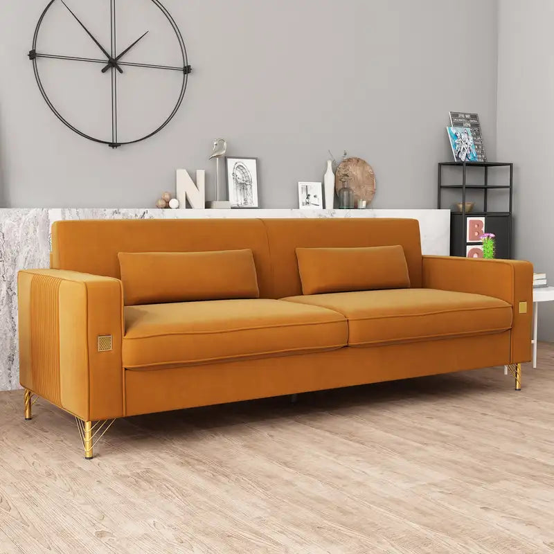 Luxury Velvet Sofa with Gold Accents | Modern 3-Seater Couch