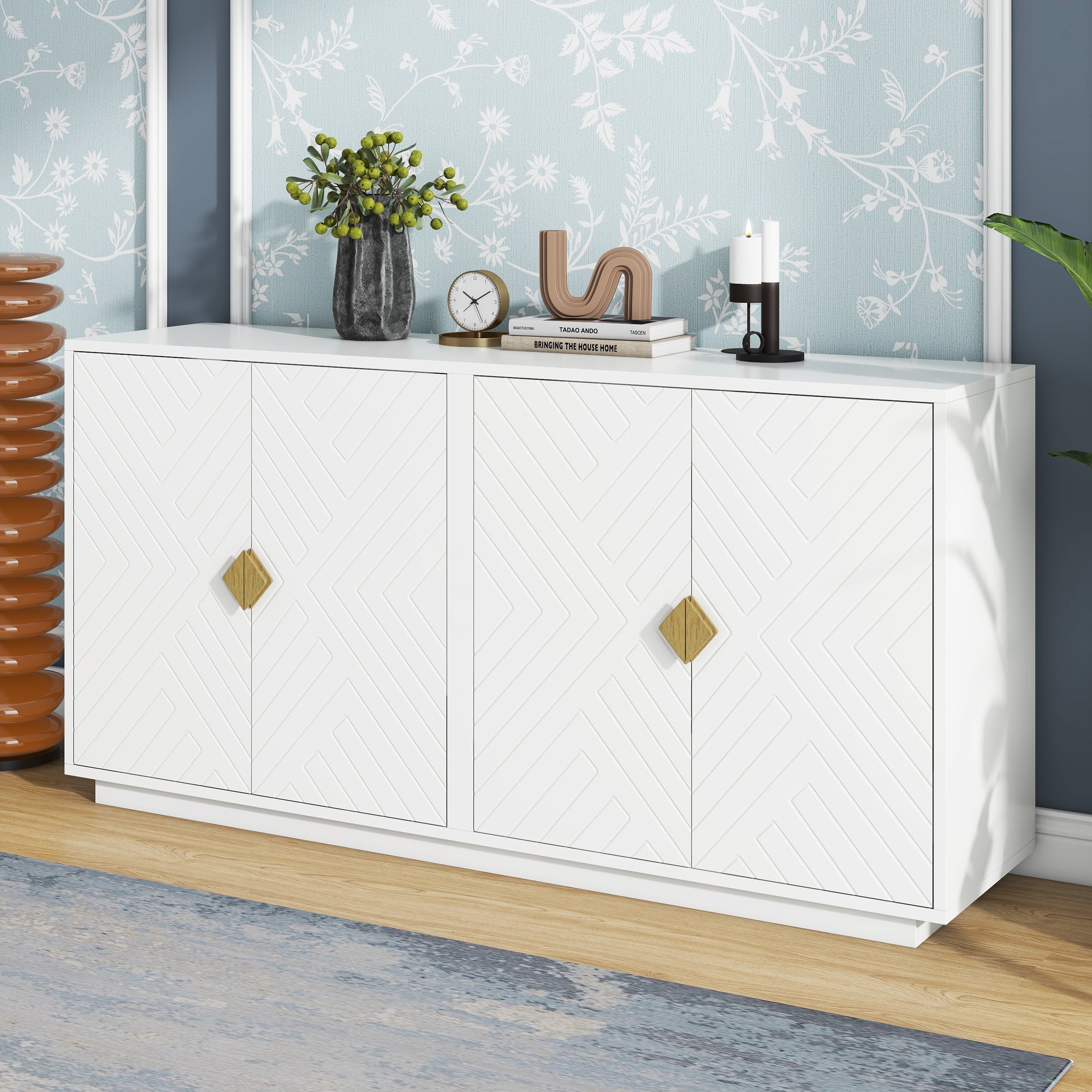 Modern Sideboard with Storage, Wooden Handles, Adjustable Shelves - White