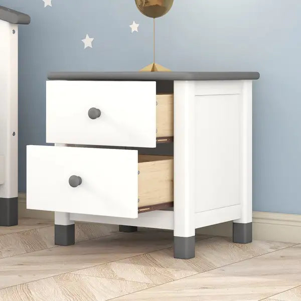 White & Gray Kids Nightstand with 2 Drawers - Wooden End Table for Bedroom