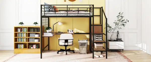 Full Size Metal Loft Bed with Desk, Storage Ladder & Wardrobe - Black - Minihomy