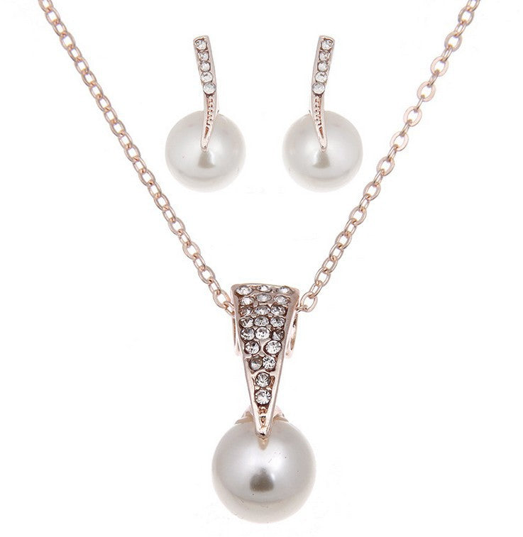 Bride Rhinestone Pearl Earrings Necklace Set - Banquet Dress Jewelry