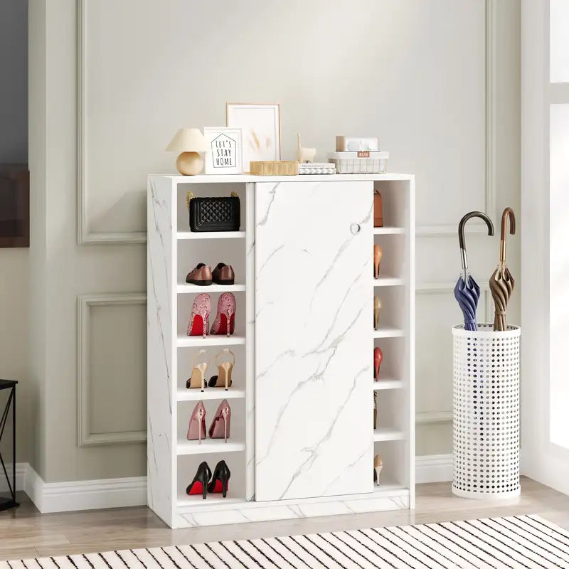 White Marble Shoe Cabinet: 6-Tier Sliding Doors, 30+ Pairs