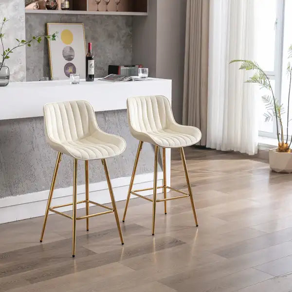 Set of 2 26" Velvet Bar Stools with Chrome Footrest - Golden Legs - CREAM