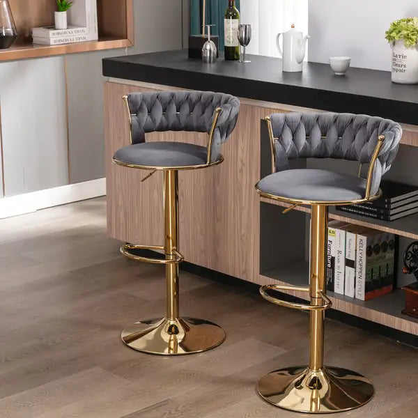 Set of 2 Swivel Bar Stools - Height Adjustable, Velvet, Chrome Footrest & Base, Gray