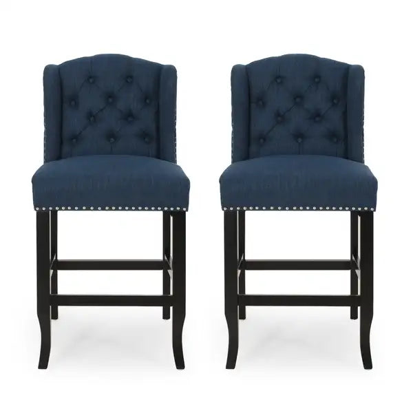 Navy Blue & Dark Brown Tufted Wingback Counter Stools (Set of 2) - Vienna Collection - Minihomy