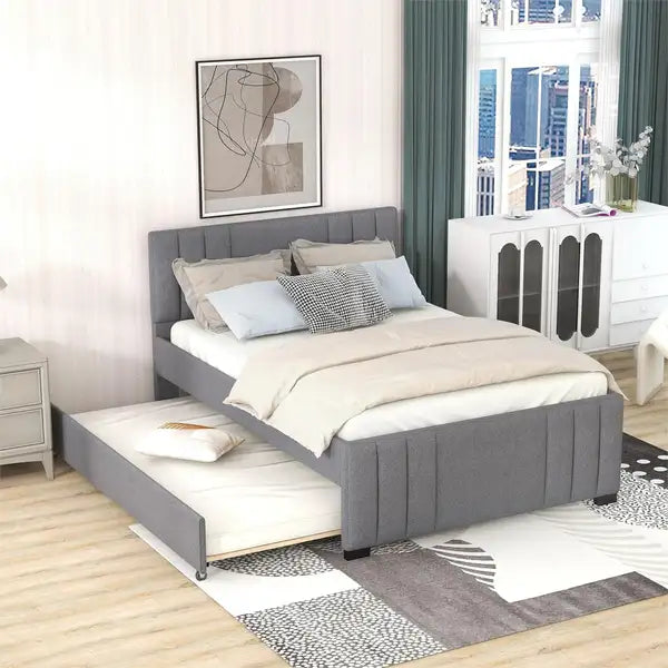 Upholstered Platform Bed with Trundle - Grey