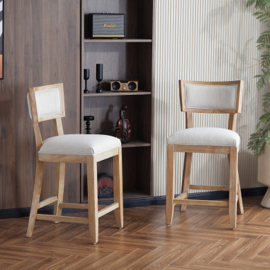 Beige & Natural Upholstered Counter Stools Set of 2 with Backrest & Footrest - 26.5" - Minihomy