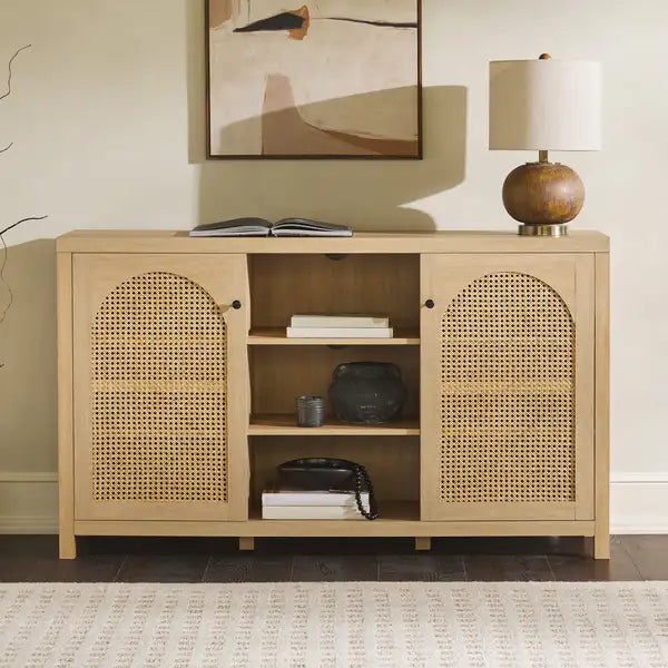 Black Transitional 58" Arched Rattan Sideboard with 2 Doors - Minihomy