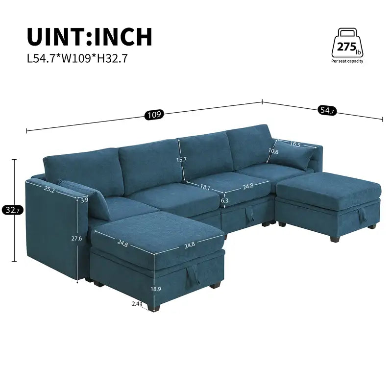 U-Shaped Chenille Sectional Sofa Bed - 109x54.7" - 6 Seats, Storage