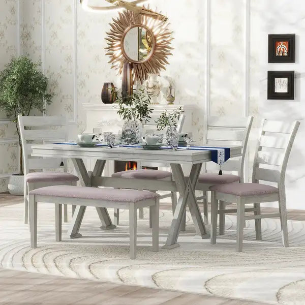 6-Piece Retro Dining Table Set with Unique Legs - White (59"L Table, Chairs & Bench)