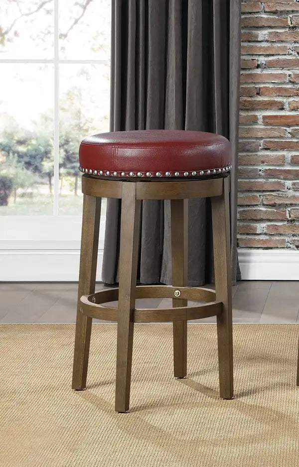 Red Faux Leather Swivel Bar Stools (Set of 2) - Brown Wood Frame