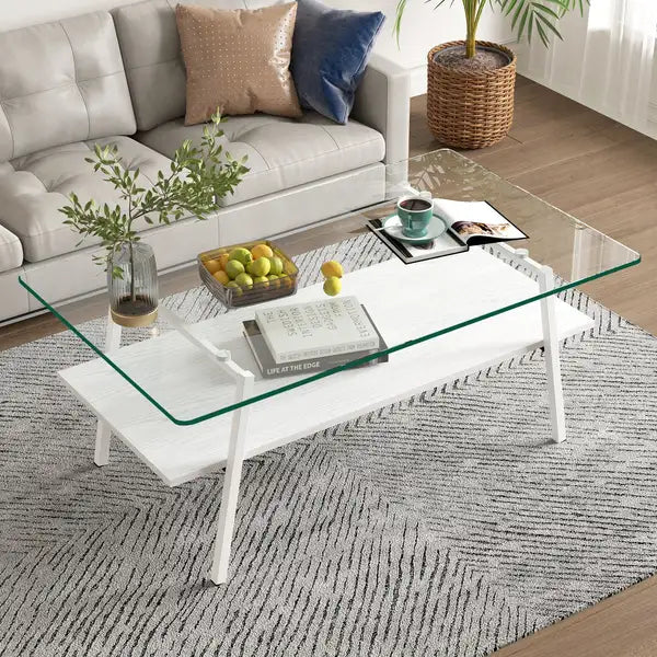 Modern Rectangle Coffee Table - Tempered Glass Top & White Metal Legs