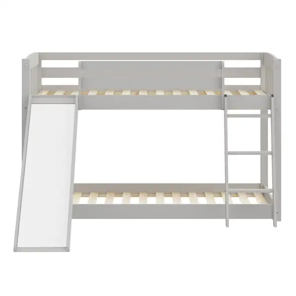 Twin Over Twin Bunk Bed with Slide & Stairs - Solid Wood - Grey - Kids Bunk Beds