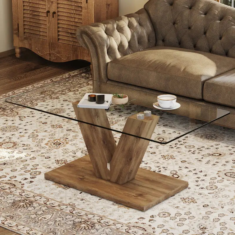 Modern Glass Coffee Table with Wooden Legs - Living Room & Dining Room - CT-V