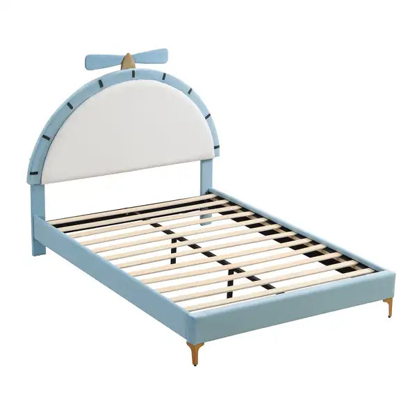 Blue Upholstered Platform Bed with Alarm Clock Headboard - Full Size - Minihomy