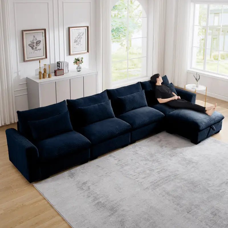 Blue Corduroy L-Shaped Sectional Sofa with Storage & Pillows