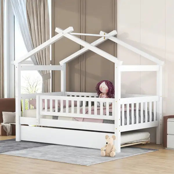 Twin Wooden House Bed with Trundle - White - Perfect for Kids Rooms