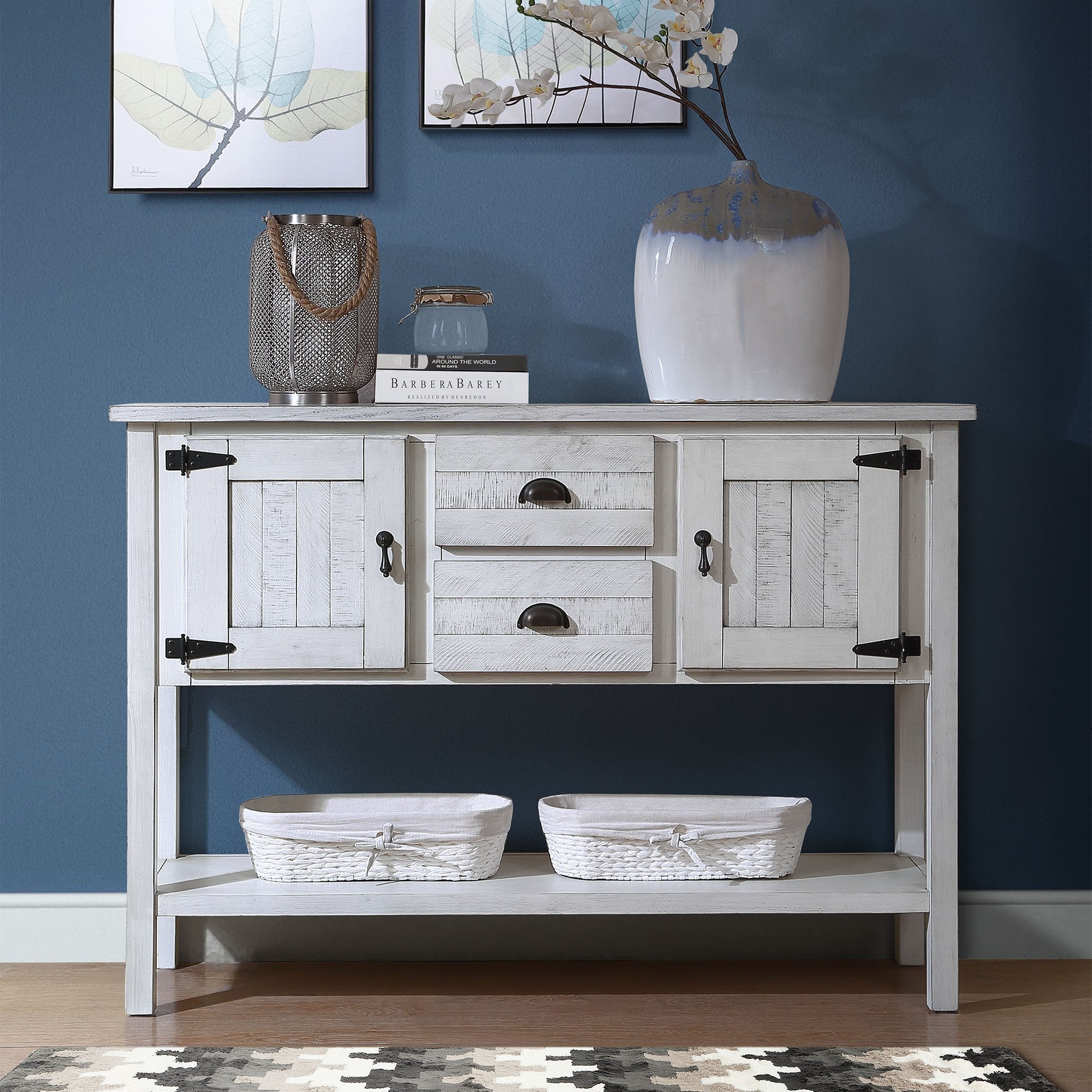 48" Solid Wood Sideboard Console Table - Retro Style Storage Buffet for Living Room & Dining Room (Antique White)